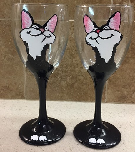 wine Glass, cat, kitty, painted, cat cafe, tuxedo cat, black and white cat, Kathie Camara